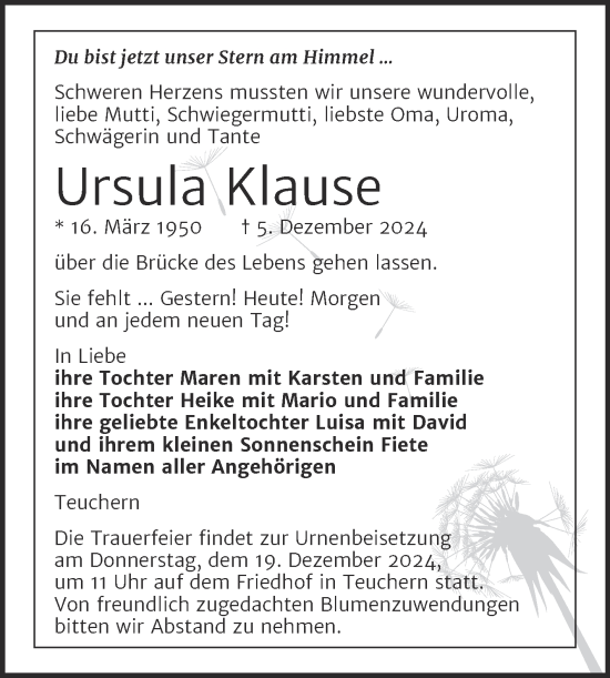 Traueranzeige von Ursula Klause von Trauerkombi Weißenfels