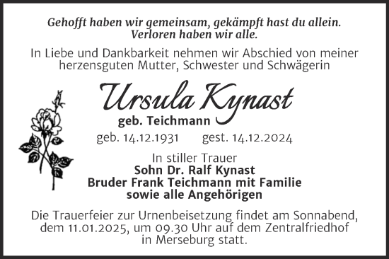 Traueranzeige von Ursula Kynast von Trauerkombi Merseburg