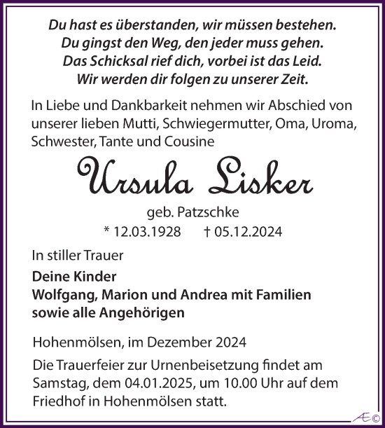 Traueranzeige von Ursula Lisker von Trauerkombi Weißenfels