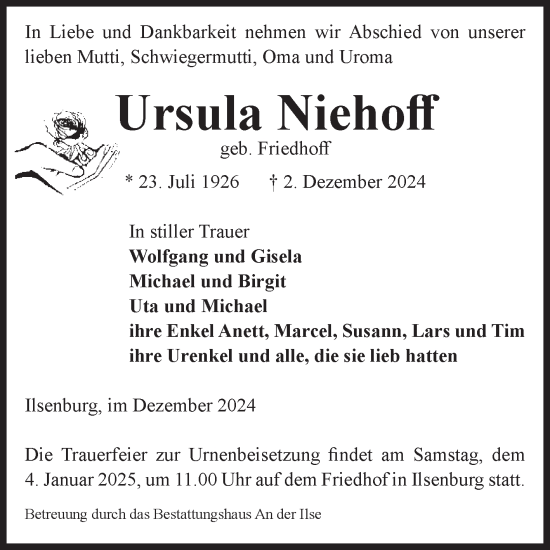 Traueranzeige von Ursula Niehoff von Volksstimme Wernigerode