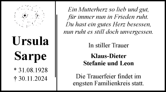 Traueranzeige von Ursula Sarpe von Volksstimme Haldensleben/Wolmirstedt