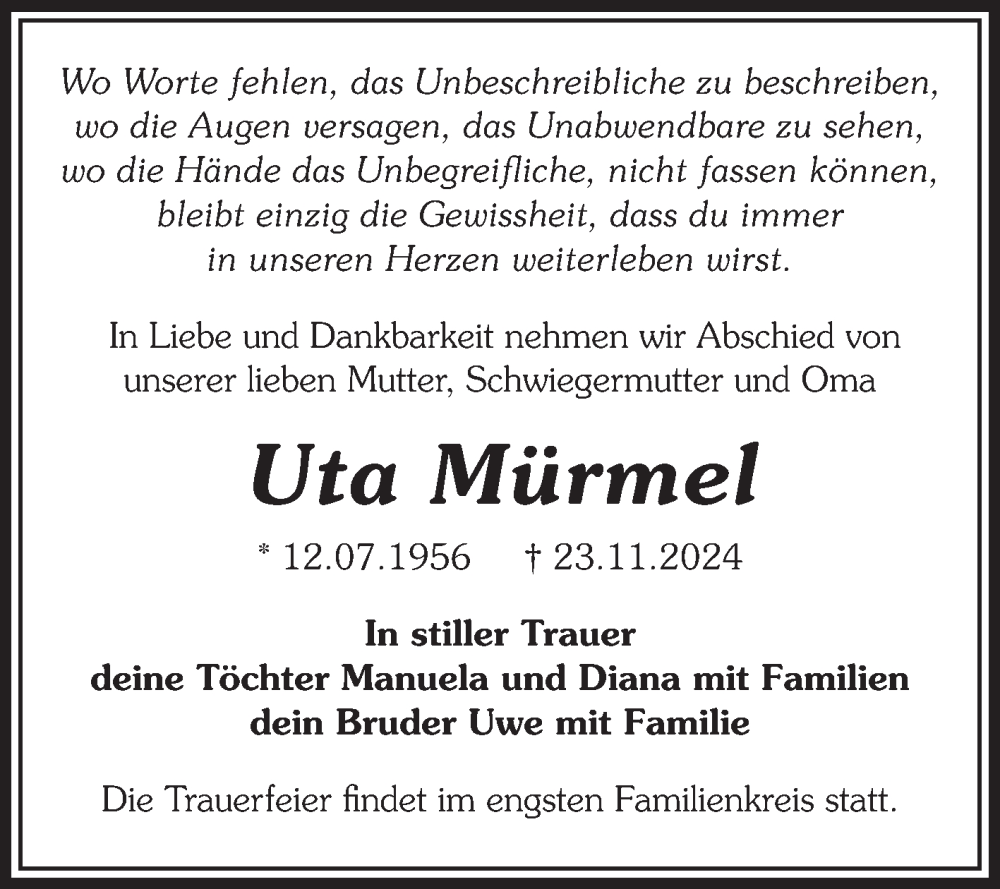  Traueranzeige für Uta Mürmel vom 07.12.2024 aus Volksstimme Magdeburg