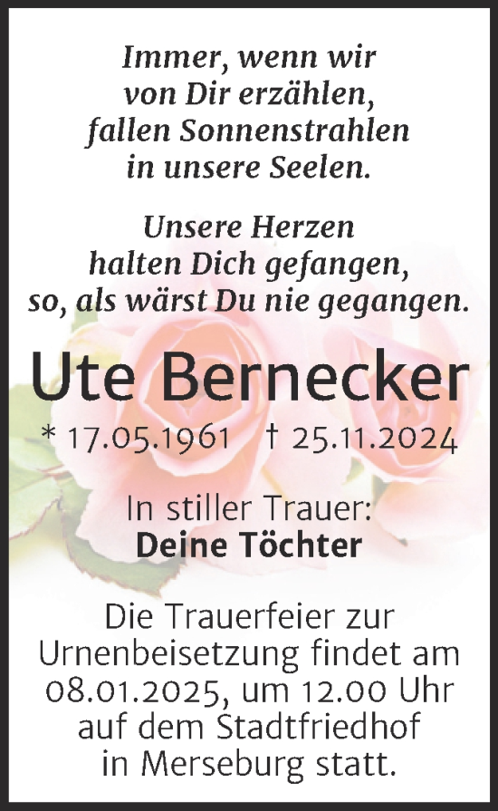 Traueranzeige von Ute Bernecker von Trauerkombi Merseburg