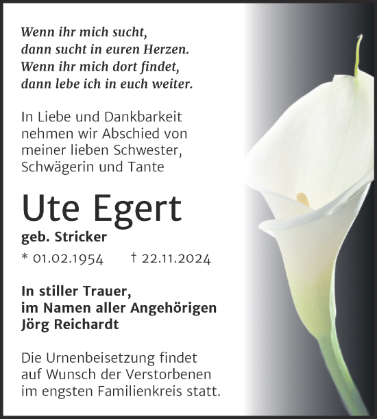 Traueranzeige von Ute Egert von Trauerkombi Bernburg