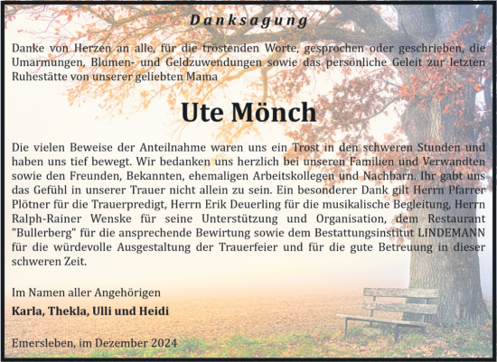 Traueranzeige von Ute Mönch von Volksstimme Halberstadt