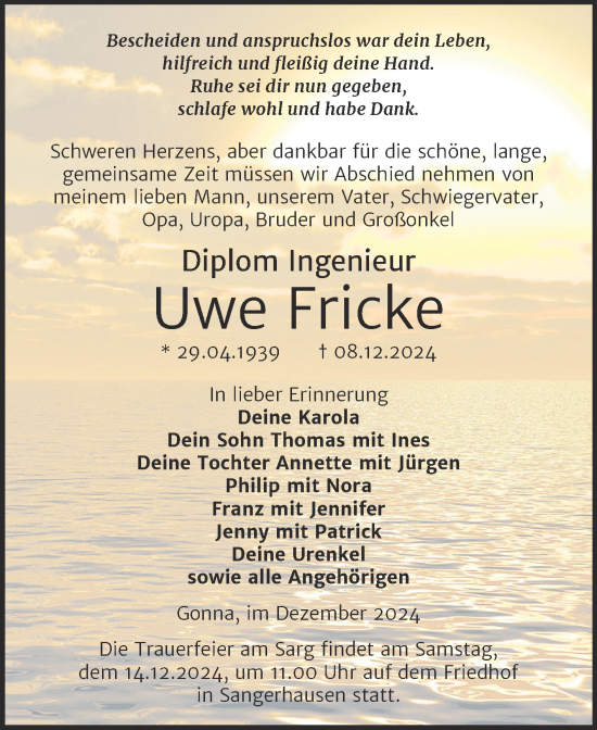 Traueranzeige von Uwe Fricke von Mitteldeutsche Zeitung Sangerhausen