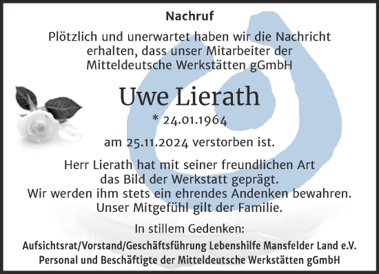 Traueranzeige von Uwe Lierath von Mitteldeutsche Zeitung Mansfelder Land