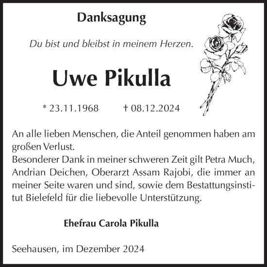 Traueranzeige von Uwe Pikulla von Volksstimme Altmark Ost