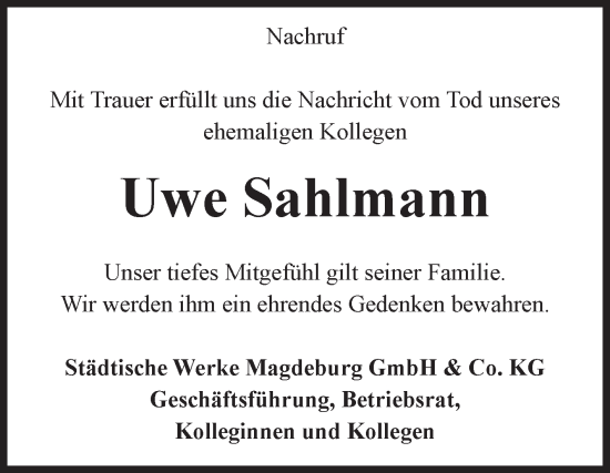 Traueranzeige von Uwe Sahlmann von Volksstimme Magdeburg