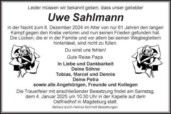 Traueranzeige von Uwe Sahlmann von Volksstimme Magdeburg