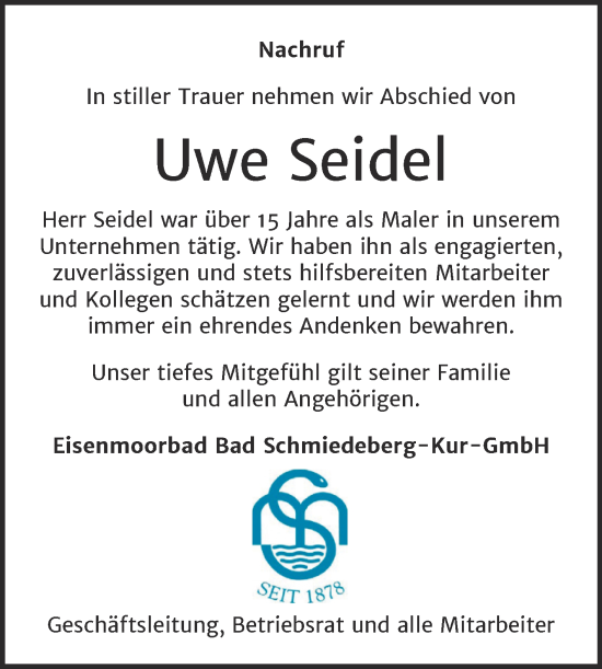 Traueranzeige von Uwe Seidel 