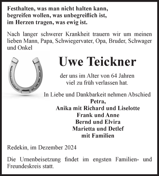 Traueranzeige von Uwe Teickner von Volksstimme Burg/Genthin