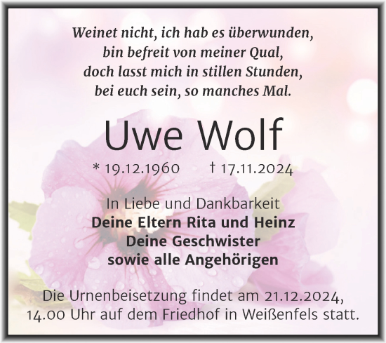 Traueranzeige von Uwe Wolf von Super Sonntag Weißenfels