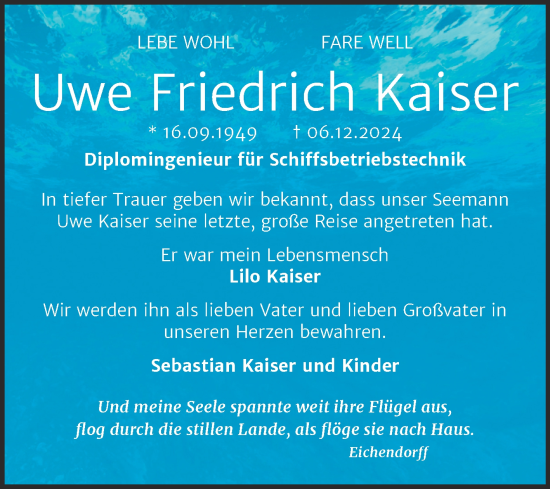 Traueranzeige von Uwe Friedrich Kaiser von Super Sonntag Köthen