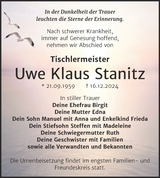 Traueranzeige von Uwe Klaus Stanitz von Trauerkombi Wittenberg
