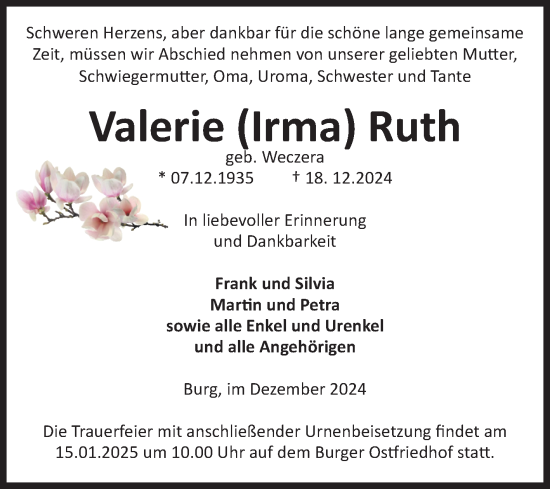 Traueranzeige von Valerie Ruth von Volksstimme Burg/Genthin