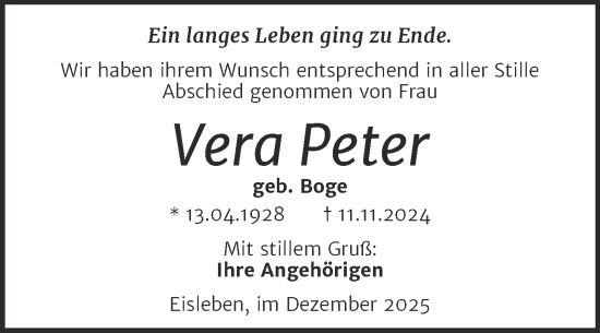 Traueranzeige von Vera Peter von Trauerkombi Mansfelder Land