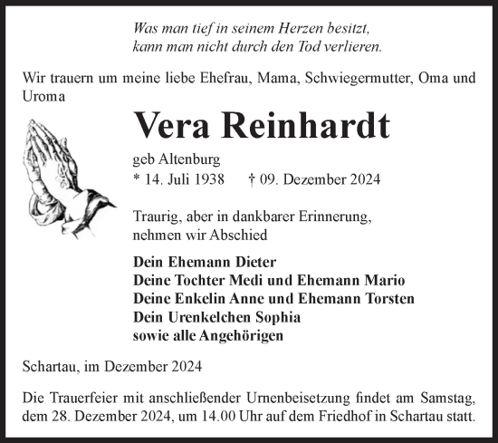 Traueranzeige von Vera Reinhardt von Volksstimme Burg/Genthin
