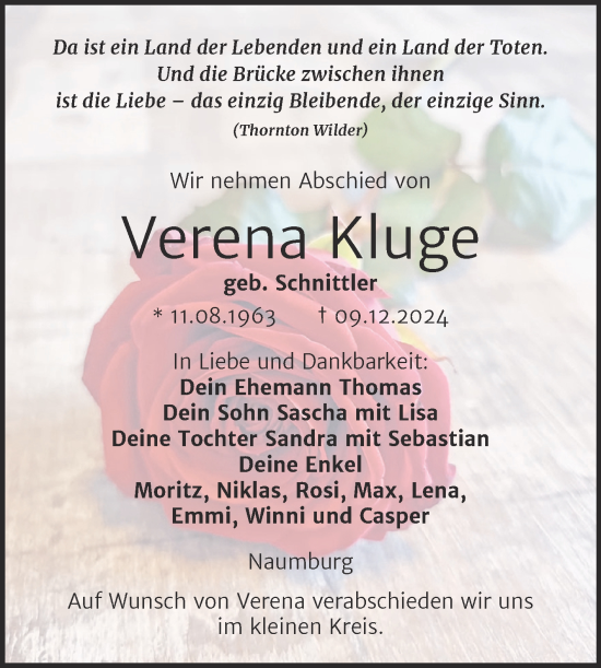 Traueranzeige von Verena Kluge von Naumburger Tageblatt