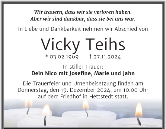 Traueranzeige von Vicky Teihs von Trauerkombi Mansfelder Land
