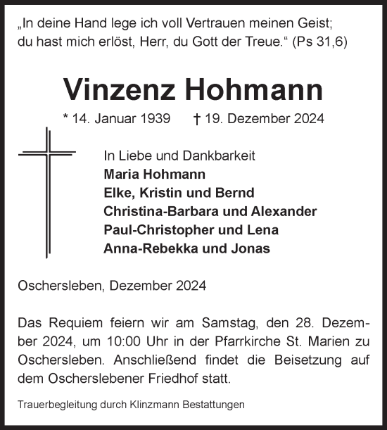 Traueranzeige von Vinzenz Hohmann von Volksstimme Oschersleben/Wanzleben