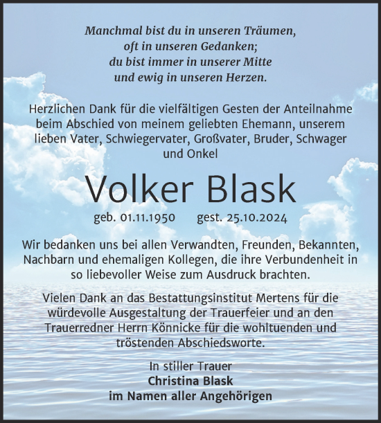 Traueranzeige von Volker Blask von Naumburger Tageblatt