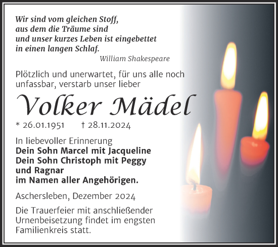 Traueranzeige von Volker Mädel von Trauerkombi Aschersleben