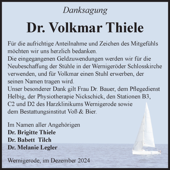 Traueranzeige von Volkmar Thiele von Volksstimme Wernigerode