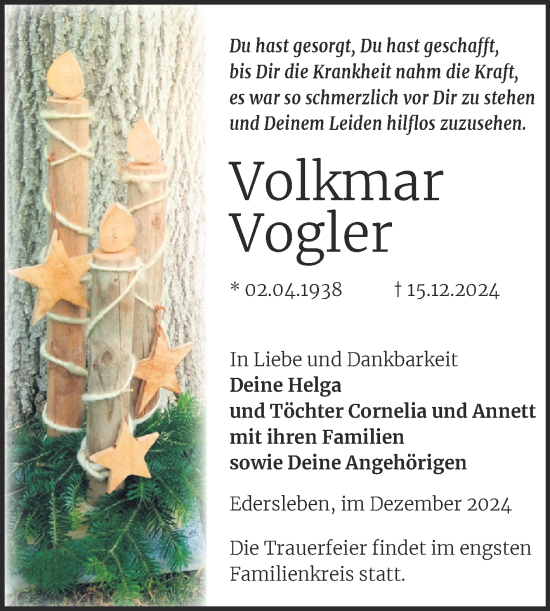 Traueranzeige von Volkmar Vogler von Trauerkombi Sangerhausen