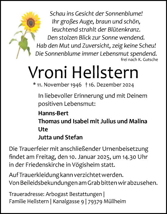 Traueranzeige von Vroni Hellstern von Volksstimme Haldensleben/Wolmirstedt