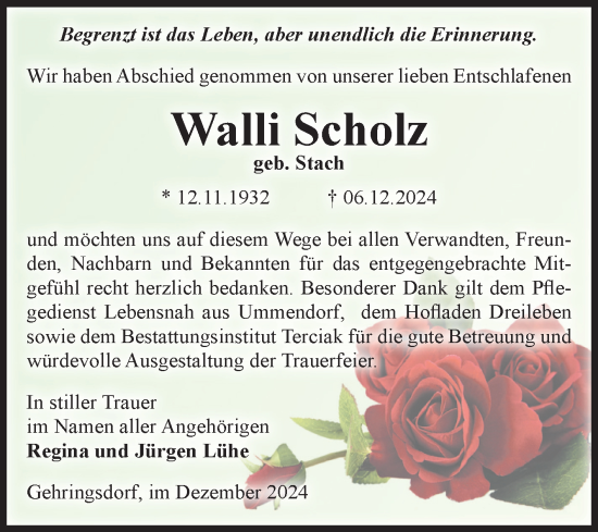 Traueranzeige von Walli Scholz von Volksstimme Oschersleben/Wanzleben