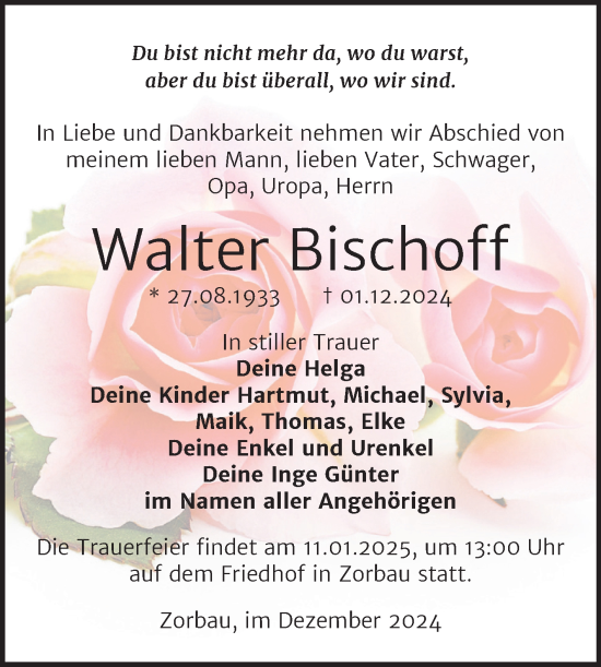 Traueranzeige von Walter Bischoff von Trauerkombi Weißenfels