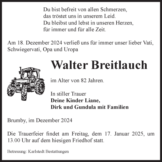 Traueranzeige von Walter Breitlauch von Volksstimme Schönebeck