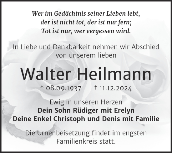 Traueranzeige von Walter Heilmann von Trauerkombi Merseburg