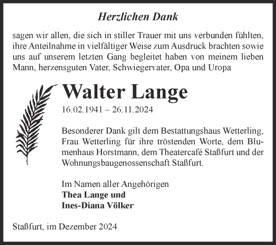 Traueranzeige von Walter Lange von Volksstimme Staßfurt