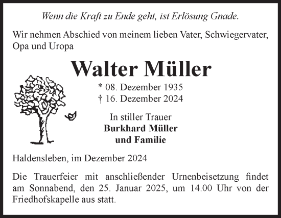 Traueranzeige von Walter Müller von Volksstimme Haldensleben/Wolmirstedt