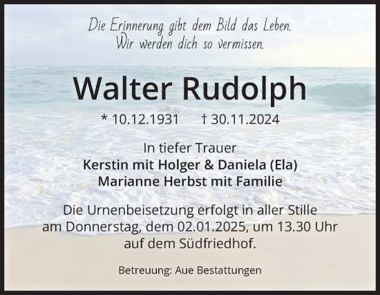 Traueranzeige von Walter Rudolph von Volksstimme Magdeburg