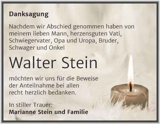 Traueranzeige von Walter Stein von Trauerkombi Mansfelder Land