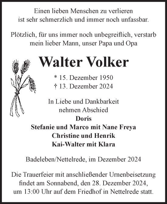 Traueranzeige von Walter Volker von Volksstimme Oschersleben/Wanzleben