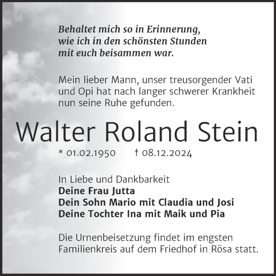 Traueranzeige von Walter Roland Stein von Trauerkombi Bitterfeld