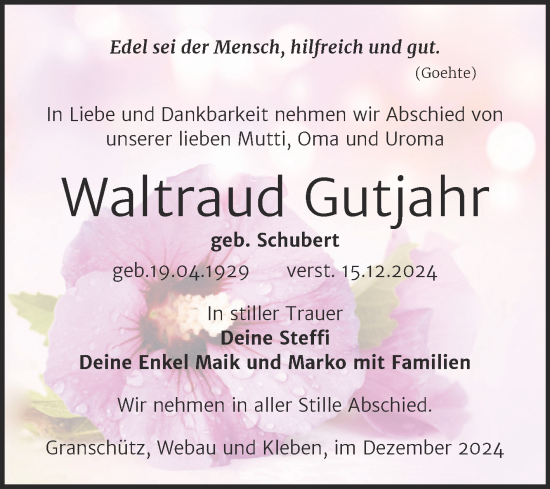 Traueranzeige von Waltraud Gutjahr von Trauerkombi Weißenfels