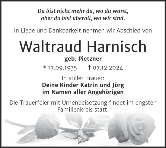 Traueranzeige von Waltraud Harnisch von Trauerkombi Bitterfeld