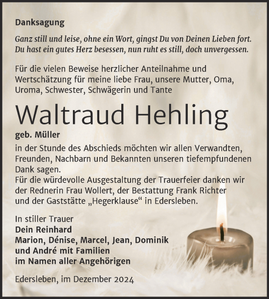 Traueranzeige von Waltraud Hehling von Trauerkombi Sangerhausen