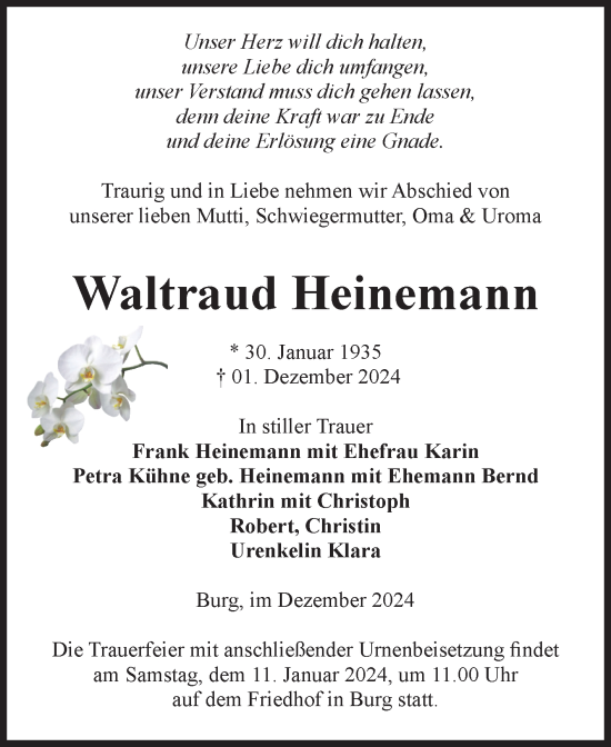 Traueranzeige von Waltraud Heinemann von Volksstimme Burg/Genthin