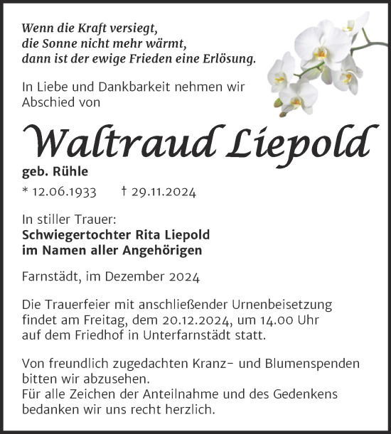 Traueranzeige von Waltraud Liepold von Trauerkombi Merseburg