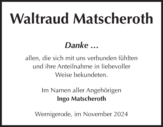 Traueranzeige von Waltraud Matscheroth von Volksstimme Wernigerode