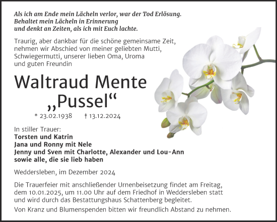 Traueranzeige von Waltraud Mente von Trauerkombi Quedlinburg