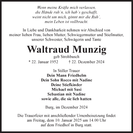 Traueranzeige von Waltraud Munzig von Volksstimme Burg/Genthin