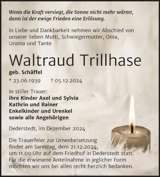 Traueranzeige von Waltraud Trillhase von Trauerkombi Mansfelder Land