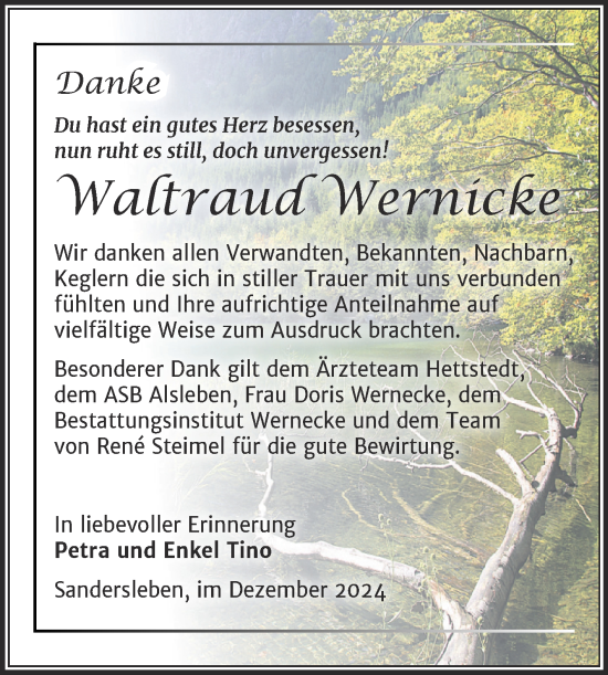 Traueranzeige von Waltraud Wernicke von Trauerkombi Mansfelder Land